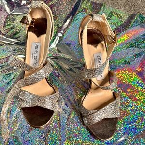 JIMMY CHOO
... , Authentic Jimmy Choo vamp glitter fabric champagne sandal. Used